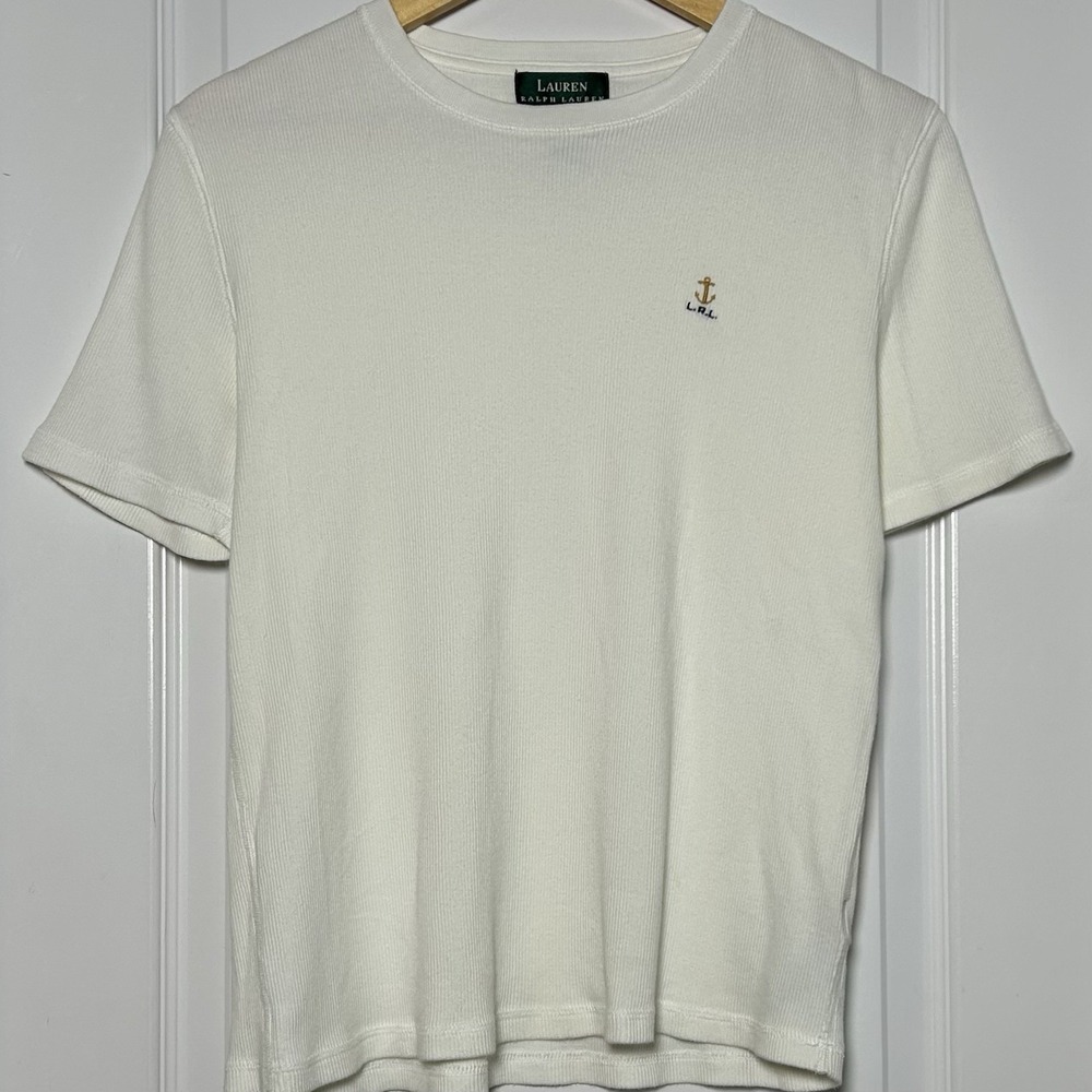 Lauren Ralph Lauren Vintage 90s 100% Cotton Ribbed Embroidered Anchor Logo Tee